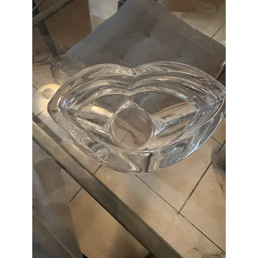 VTG Heavy Clear Crystal Glass Heart Shaped Bowl Catchall Dish Ribbed 4
